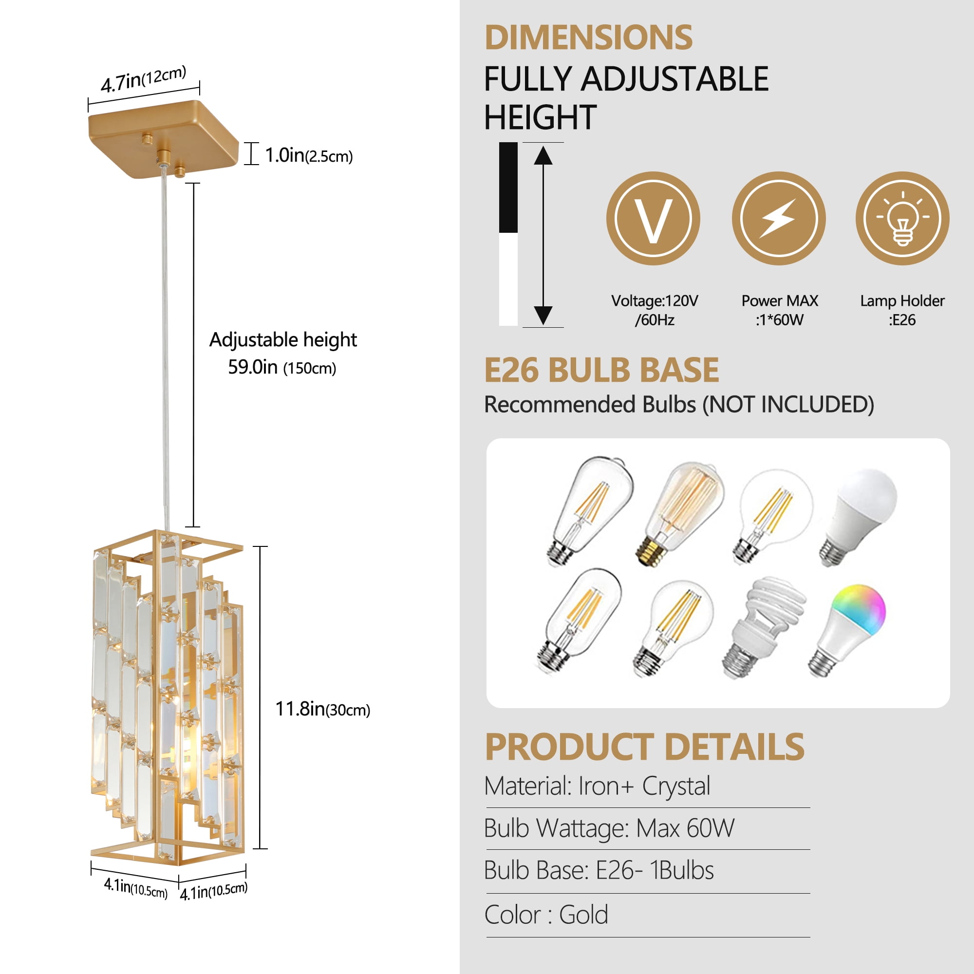 Miniyam Modern Crystal Pendant Light, 3-Pack Adjustable Hanging Ceiling Lamp for Dining Room, Gold