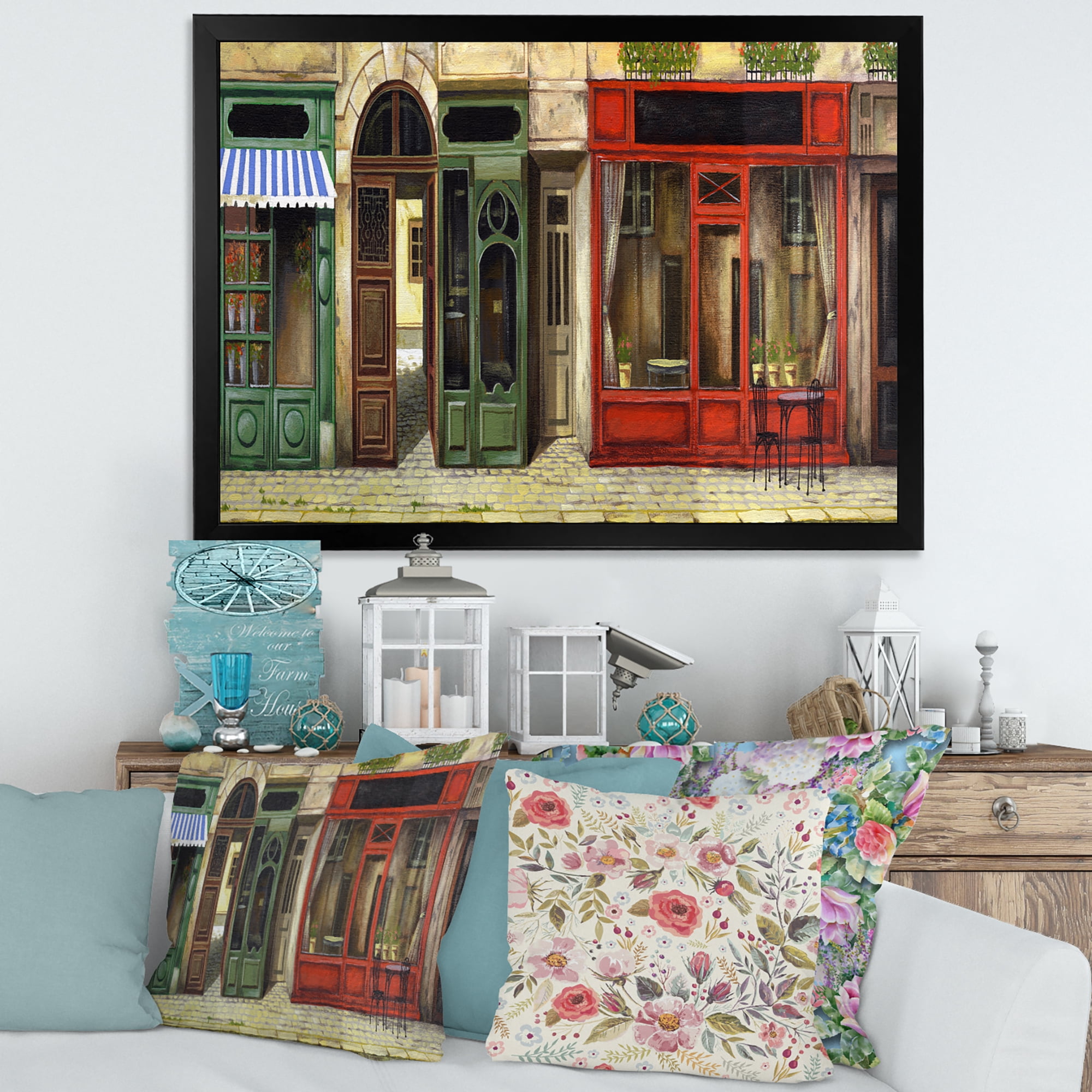 Red Facade of Charming Shop In Paris Street II 32 in x 16 in Framed Painting Canvas Art Print, by Designart