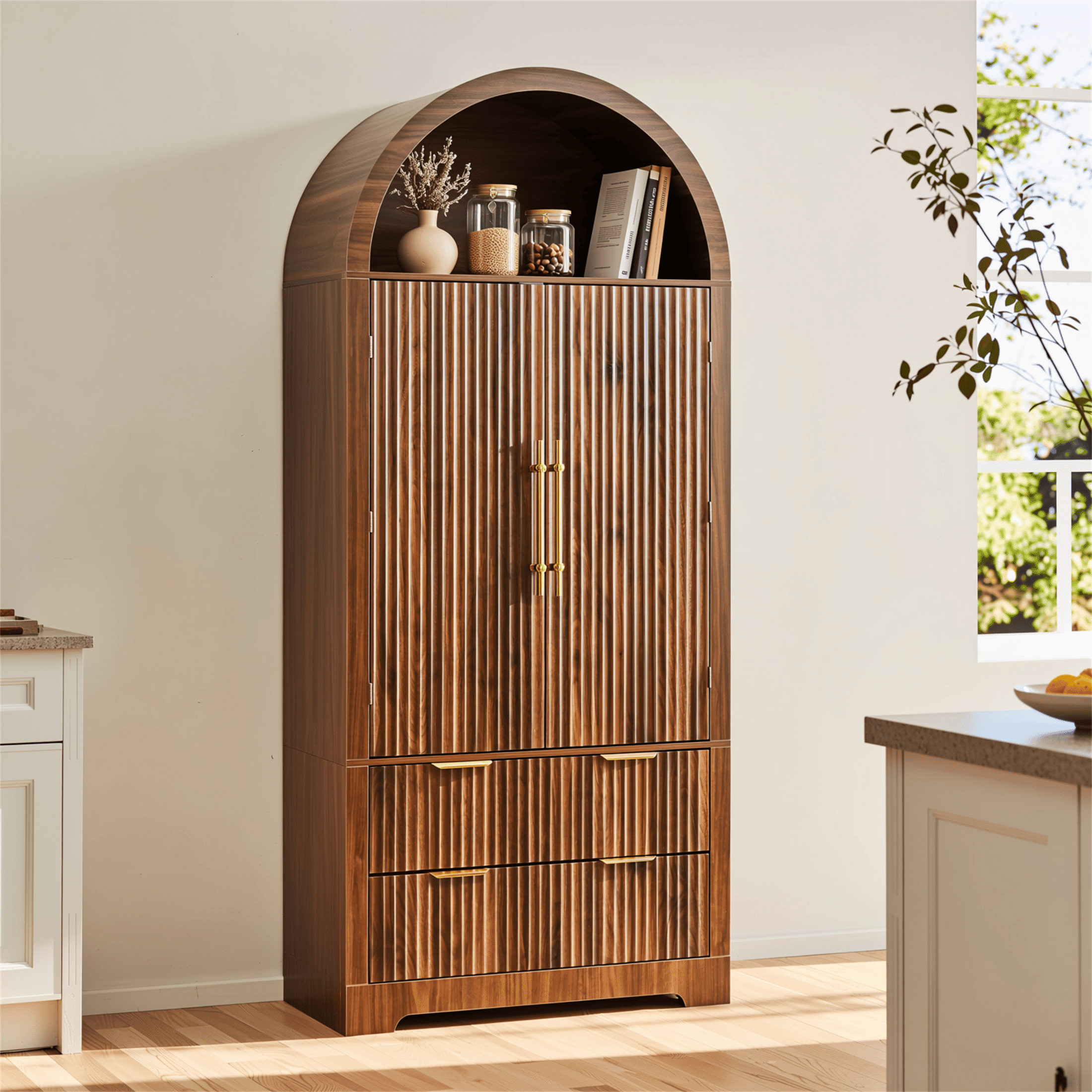 Homy Casa 72" Tall Arched Pantry Cabinet with Fluted Doors, Adjustable Shelves and 2 Drawers, Walnut