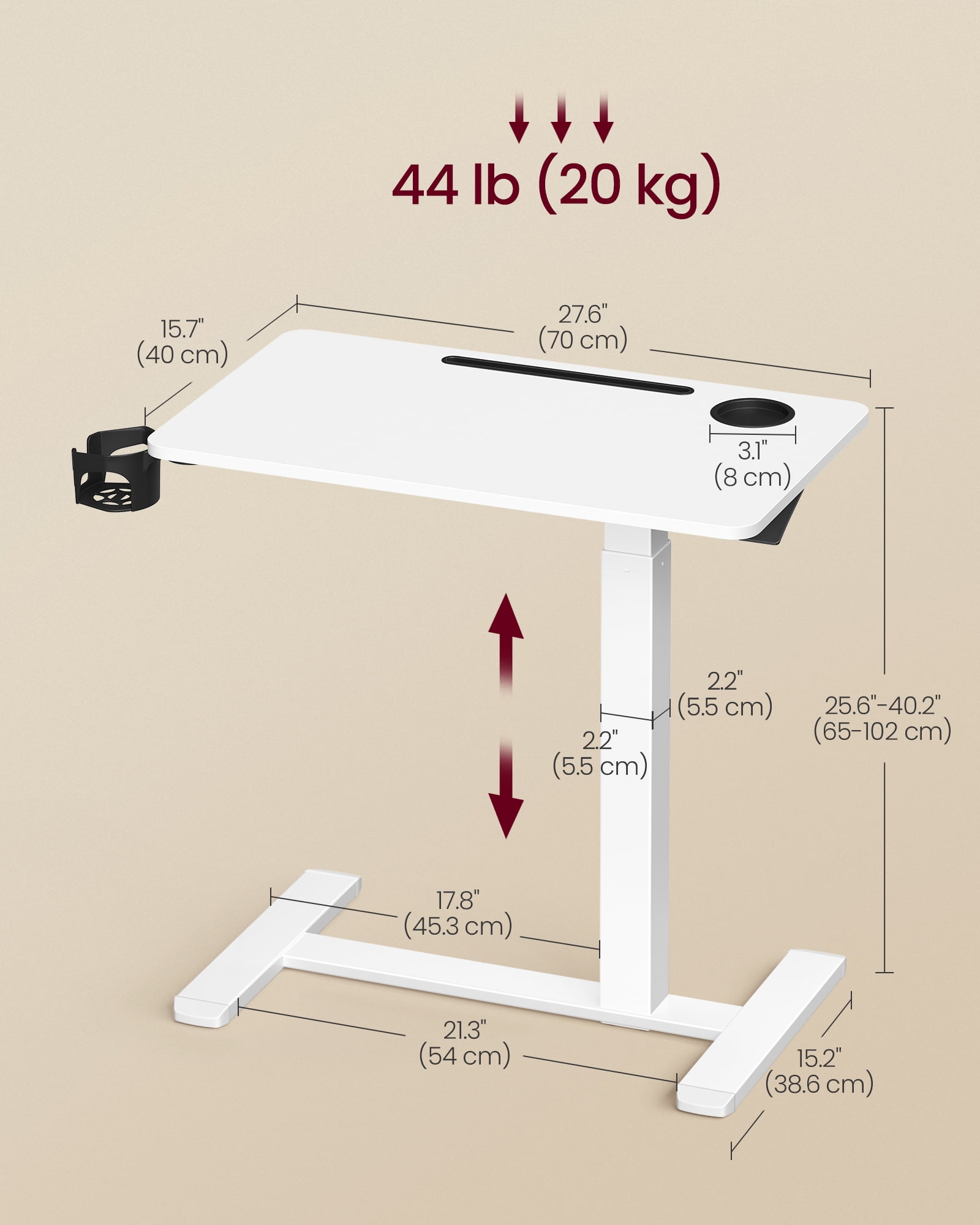 Mobile Standing Desk, 27.6 Inch Adjustable Height Table with 2 Cup Holders & Tablet Slot, Rolling Computer Desk for Bedroom Living Room, Cloud White