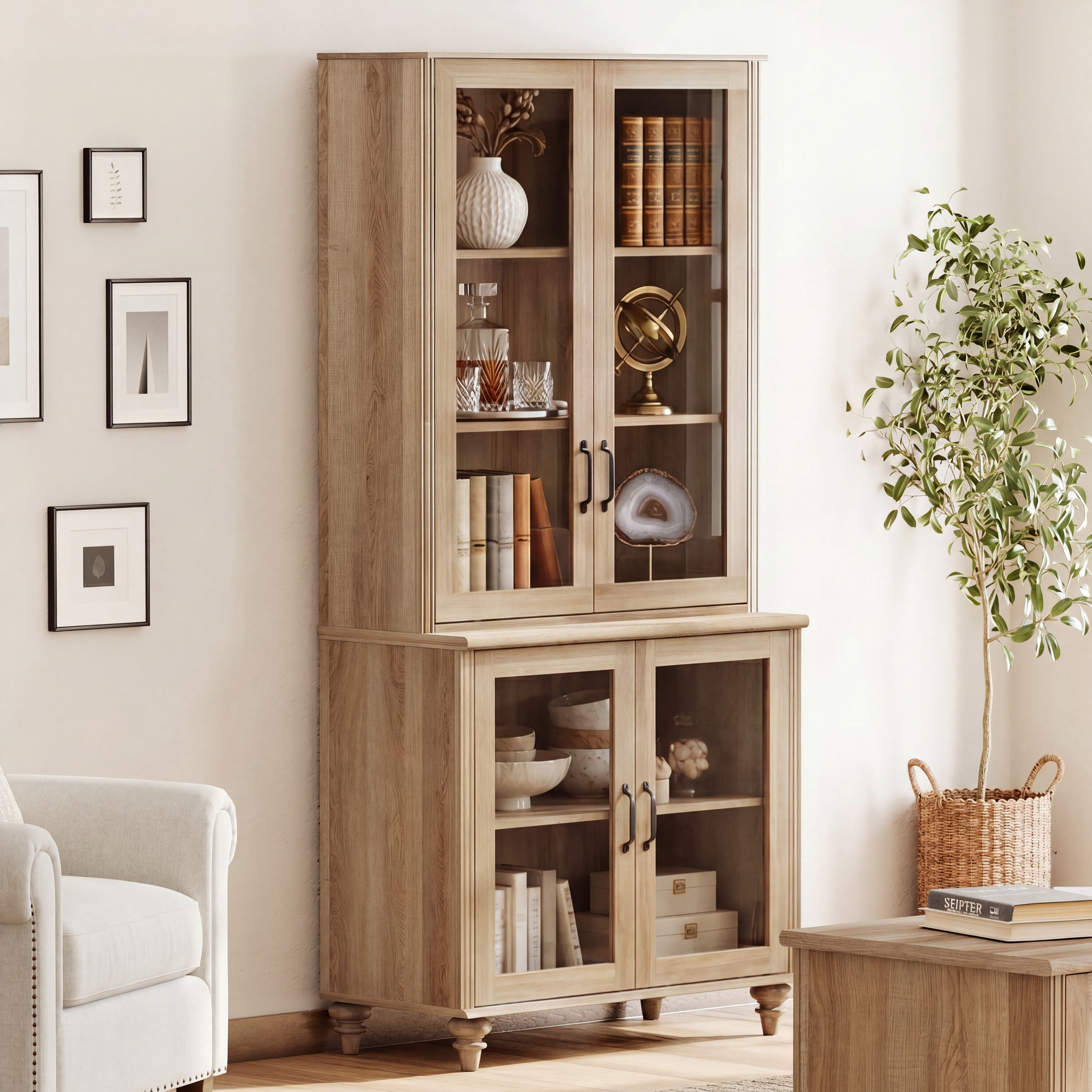 Oak 5-Tier Bookcase with Glass Doors and Adjustable Shelf, Farmhouse Library Wooden Bookshelves for Living Room, Office, Kitchen