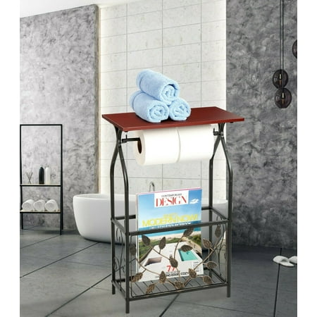 Bathroom Tables Storage Leaf Bathroom Table and Stand with Toilet Paper Roll-Bar Holder and Storage Rack - Black Metal Frame with Scroll Design, Walnut Color Wood Top - Ideal to Keep Essential Toiletries at Easy Reach ()