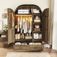 thumbnail image 5 of Arched 3-Door Wardrobe Armoire Closet with LED Motion Sensor Light & Half-Length Mirror, 47"W 71"H Wood Clothing Storage Cabinet with 2 Drawers, Hanging Rod & 5 Shelves for Bedroom, 5 of 9