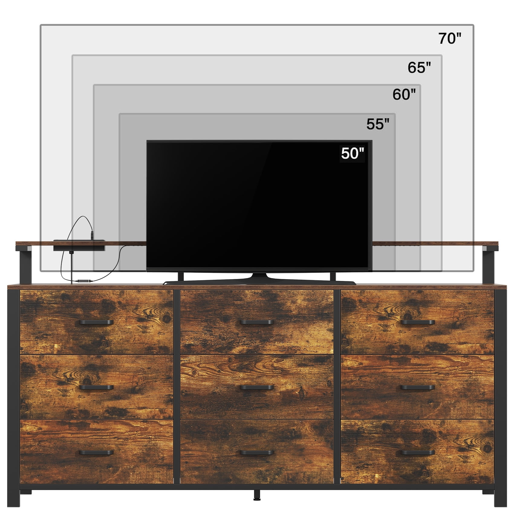 Winkalon 9 Drawer Dresser with LED Light & Charging Station, 63" Long Modern Dresser with 9 Drawers for Bedroom, Wooden Dresser Large Closet of Drawers