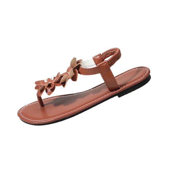 HomeDM Flat Thong Sandals for Women Open Toe Elastic Ankle Strap Summer Dressy Flip Flops, Brown Size 7.5