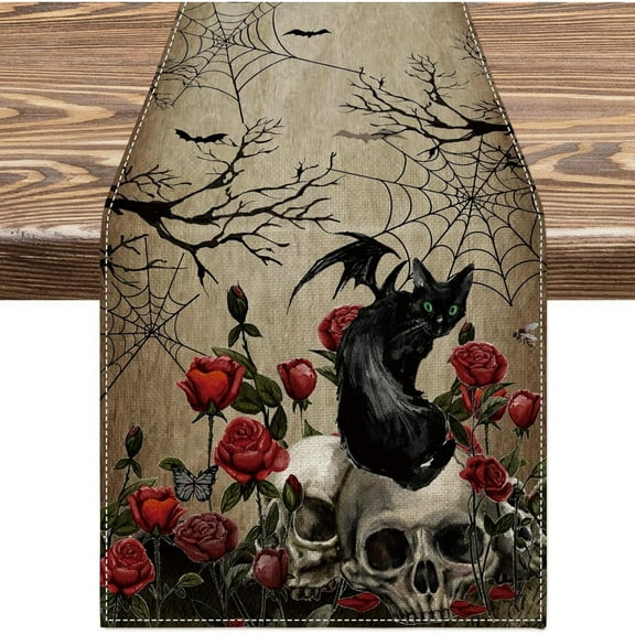Retro Halloween Table Runner 13x72 Inch Gothic Skull & Roses cat Design, Soft Durable Washable Table cloth for Kitchen Dining Decor