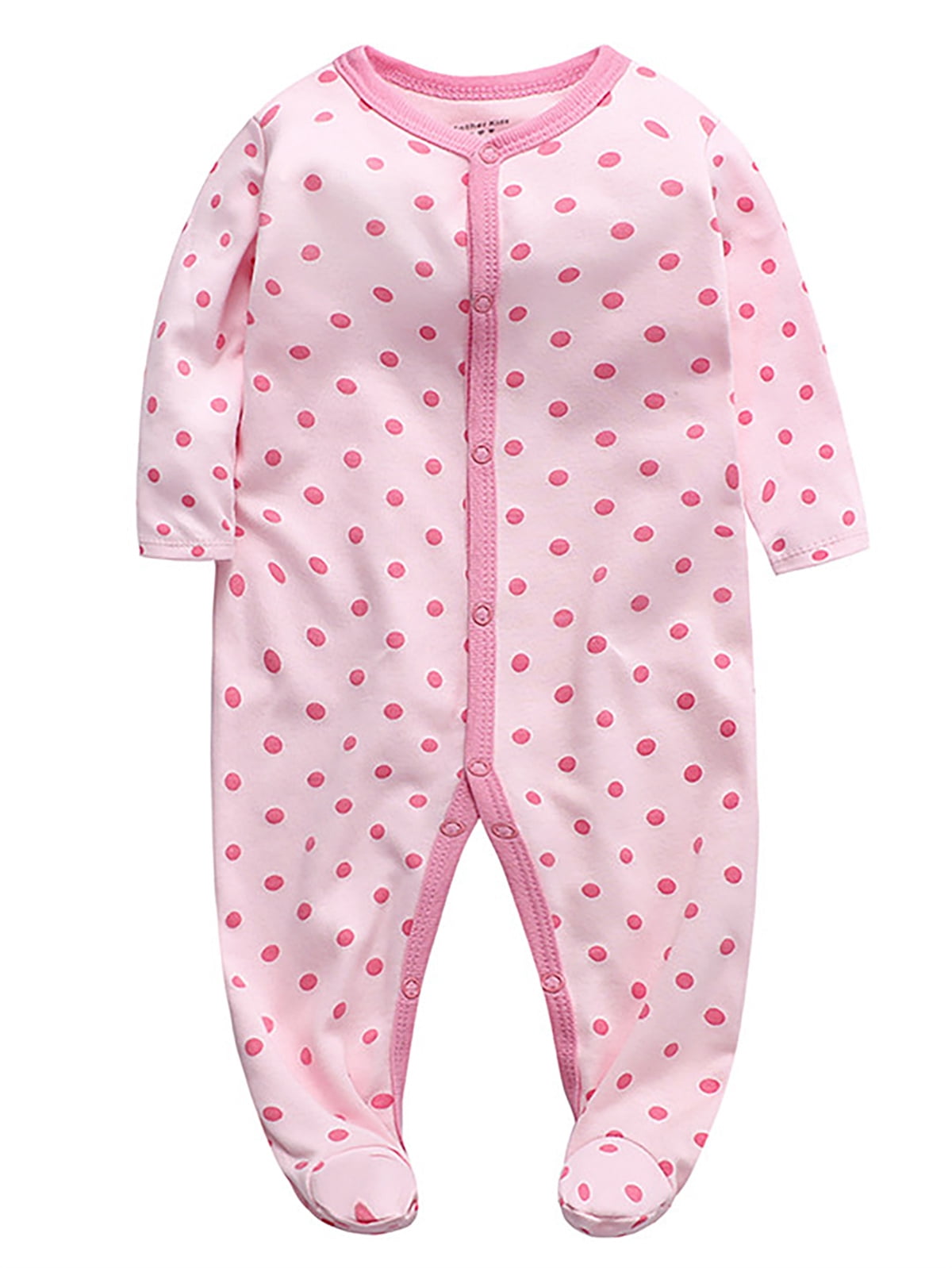 QEFJNO Newborn Baby Girls' 3-pack Sleep and Play Footies Pajamas One-Piece Sleeper Button Jumpsuit Cotton Polka Dots PJs