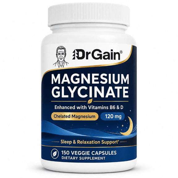 DrGain Magnesium Glycinate 120mg Chelated Supplement with Zinc, Vitamin D & B6, 150 Veggie Capsules