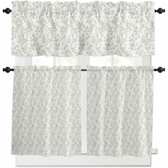 Sage Green Flower Kitchen Curtains and Valances Set, Rod Pocket Curtains Tier Farmhouse Window Curtains 24 Inch Length, Spring Nature Botanical Floral Rustic 3 Piece Kitchen Curtains Set