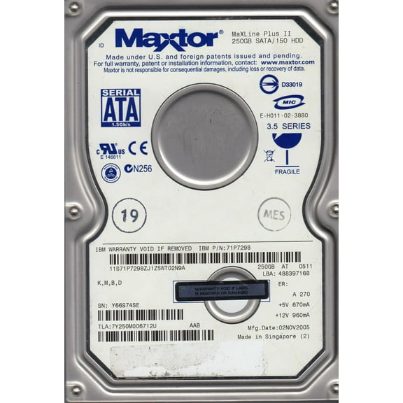 7Y250M0, Code YAR51HW0, KMBD, Maxtor 250GB SATA 3.5 Hard Drive