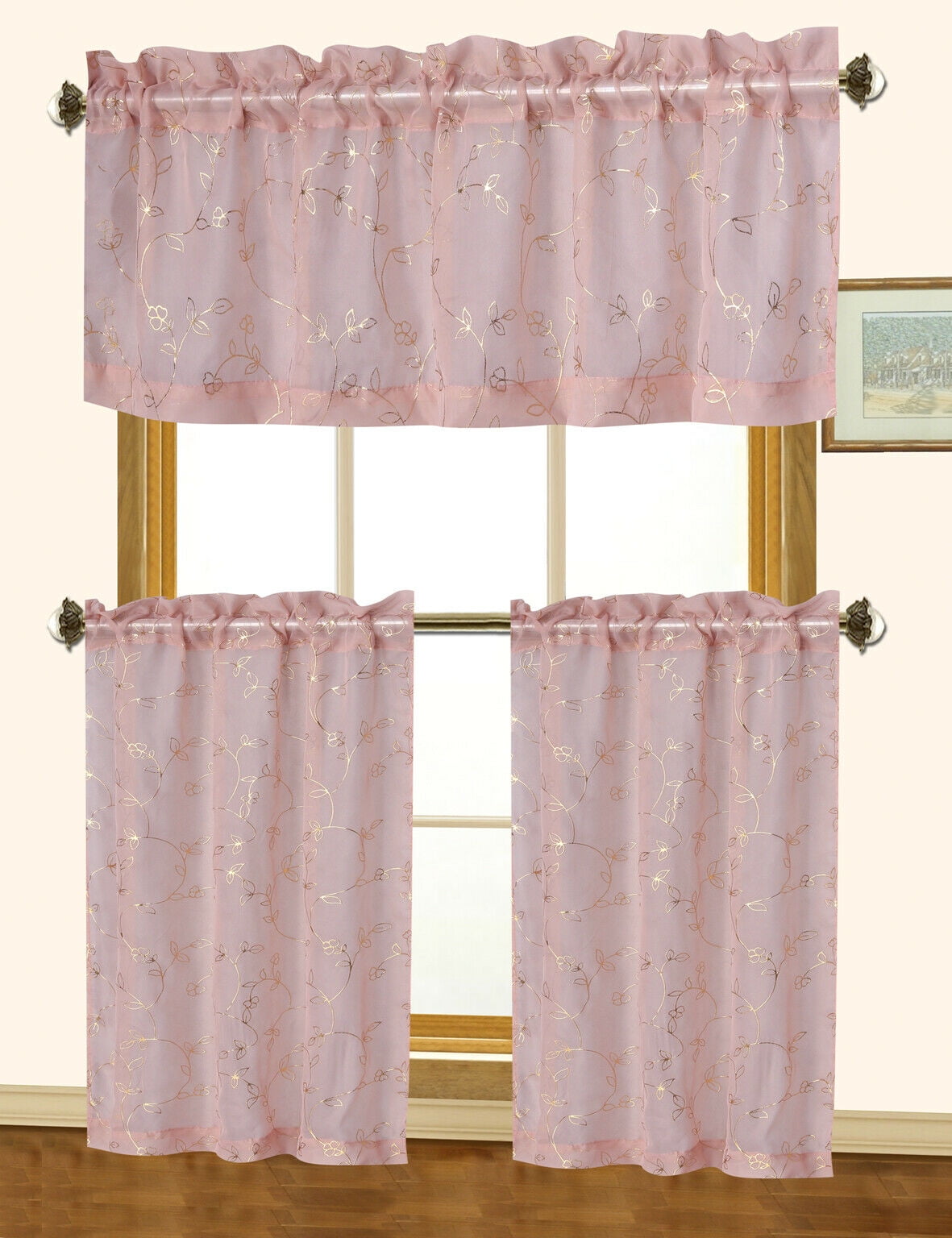 MODERN PRINCESS 3pcs lace kitchen curtain set DARK ROSE color. 