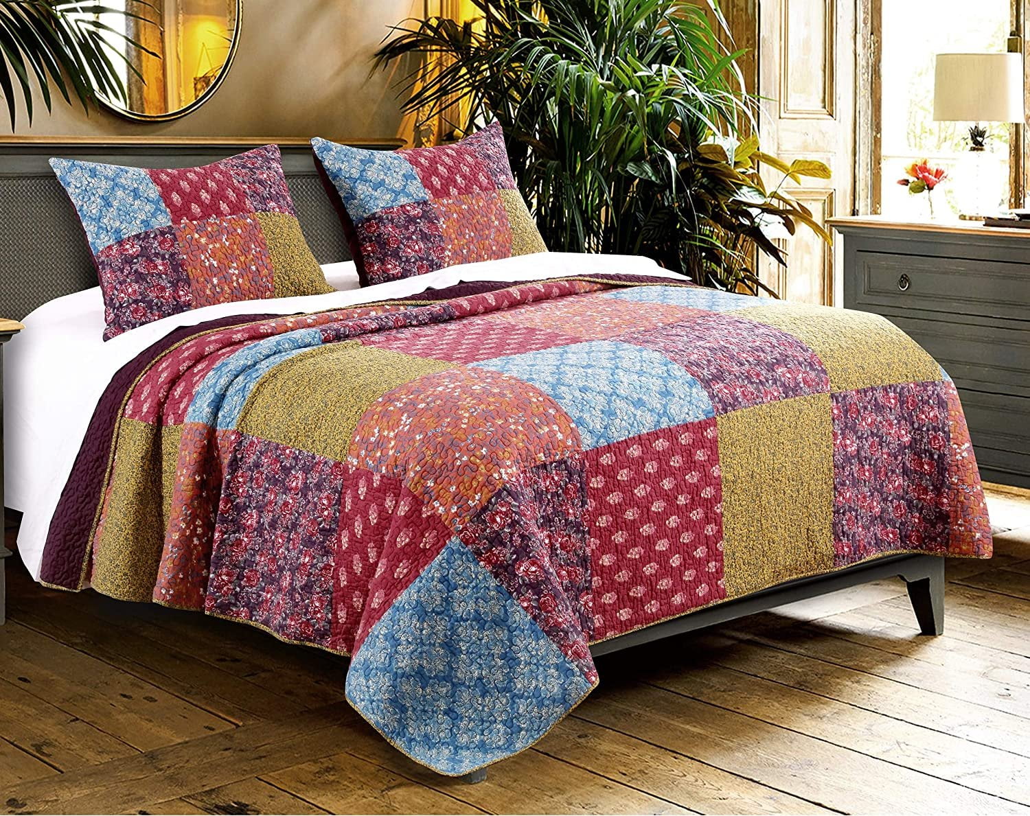 Tache Tea Party Vintage Cotton Reversible Patchwork Bedding Quilt Bedspread Set 