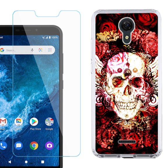 Slim-Fit Protective Phone Case compatible with Cricket Icon 2, with Tempered Glass Screen Protector, by OneToughShield ® - Rose Skull
