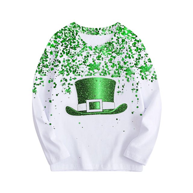 COM1950s St. Patricks Day, Children's St. Patrick's Day Printed Long Sleeved Round Neck Top Children's Pullover Base Shirt