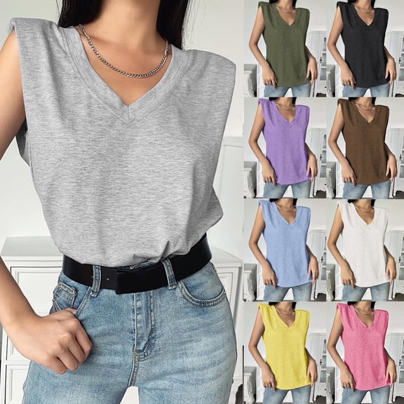 SXCXLSA Women's Fashion Solid Color Sleeveless V Neck T-Shirt With Shoulder Pads Summer Tunic Blouse Casual Basic Tee Soft Lightweight Breathable Daily Wear Trendy Elegant Pullover Clothing