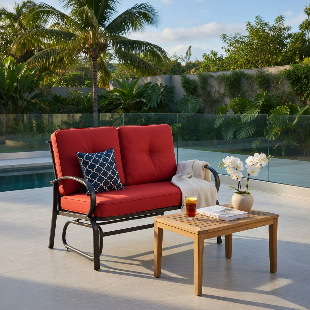 Hommoo 2-Piece Outdoor Patio Furniture Set, Cushioned Steel Loveseat & Coffee Table, 4" Thick Cushions, Easy Assembly, Red