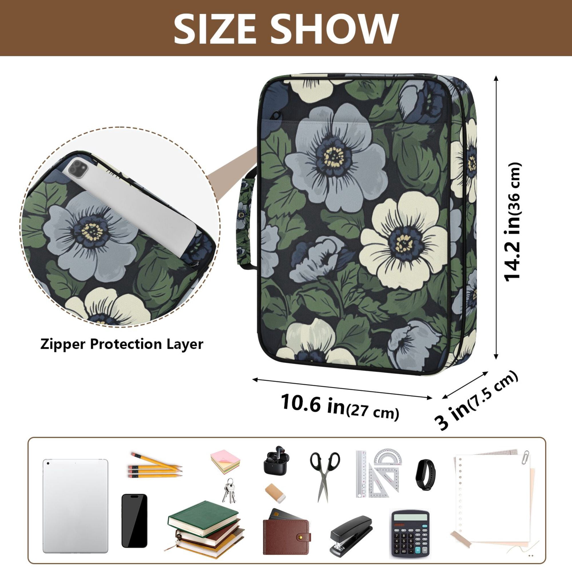 FORMRS Accordion File Folder A4 Size 7-Pocket Expanding Document Organizer Bag with 3 Ring Binder, Dark Floral
