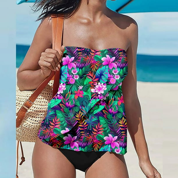 Karight Strapless Tankini Swimsuits for Women Tummy Control 2 Piece Bathing Suits Bandeau Blouson Swim Top with Bikini Bottom