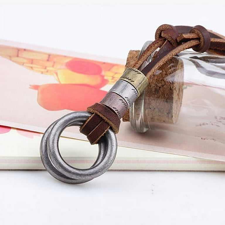 AYYUFE Men Leather Cord Double Circle Ring Pendant Necklace AYYUFE Men Leather Cord Double Circle Ring Pendant Necklace