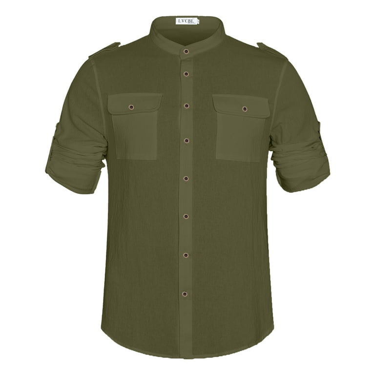 LVCBL Casual Shirts Men Long Sleeve Stand up Collar Shirt Loose Fit Army Green 2XL Walmart
