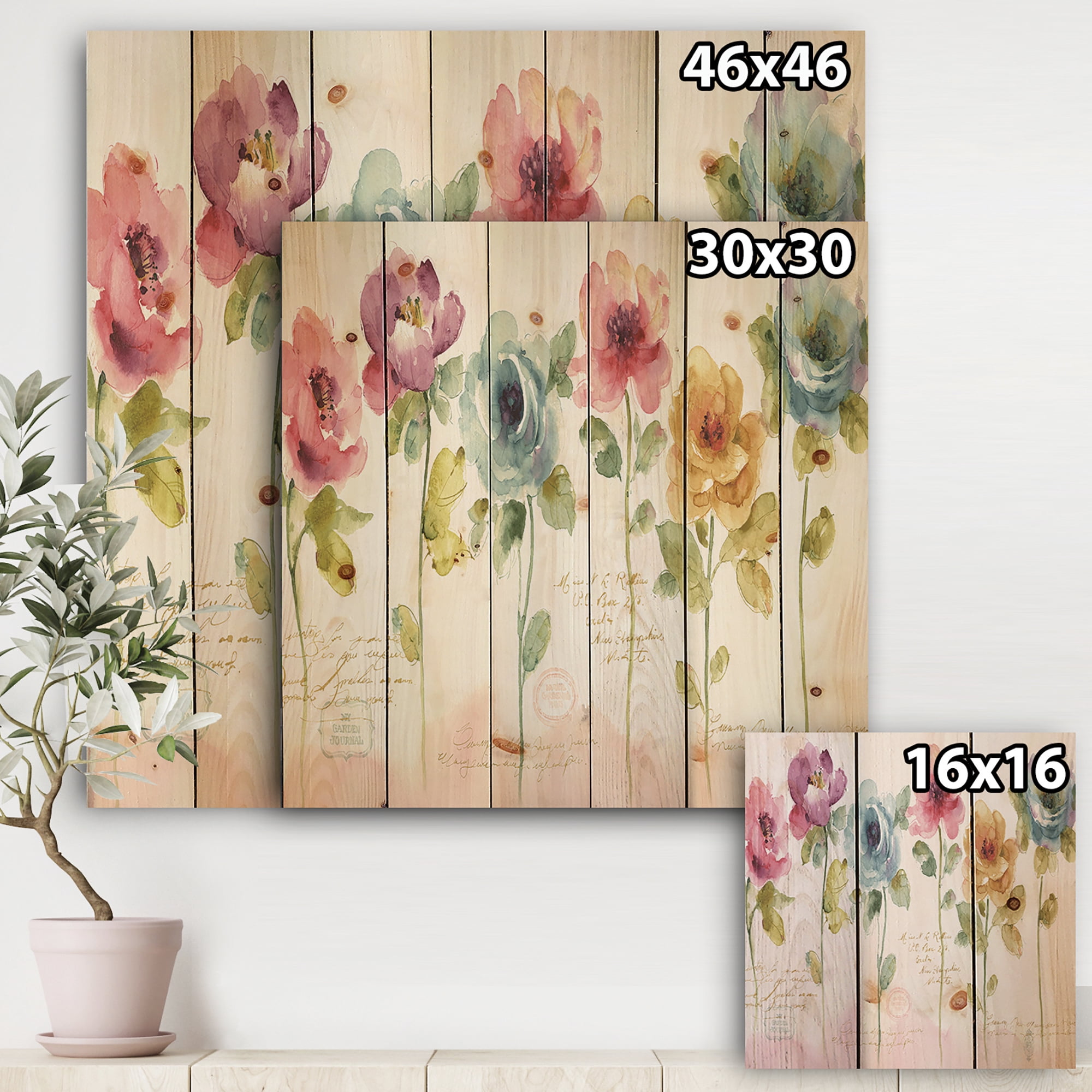 Designart 'Rainbow Coloured Abstract Cottage Roses' Cabin & Lodge Print on Natural Pine Wood