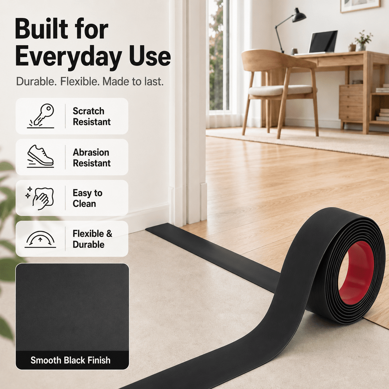Yeslife 1 pc Self Adhesive Floor Transition Strip, 10 ft x 1.57 in, Black Vinyl, Flexible Waterproof Gap Cover for Laminate, Tile and Carpet Flooring