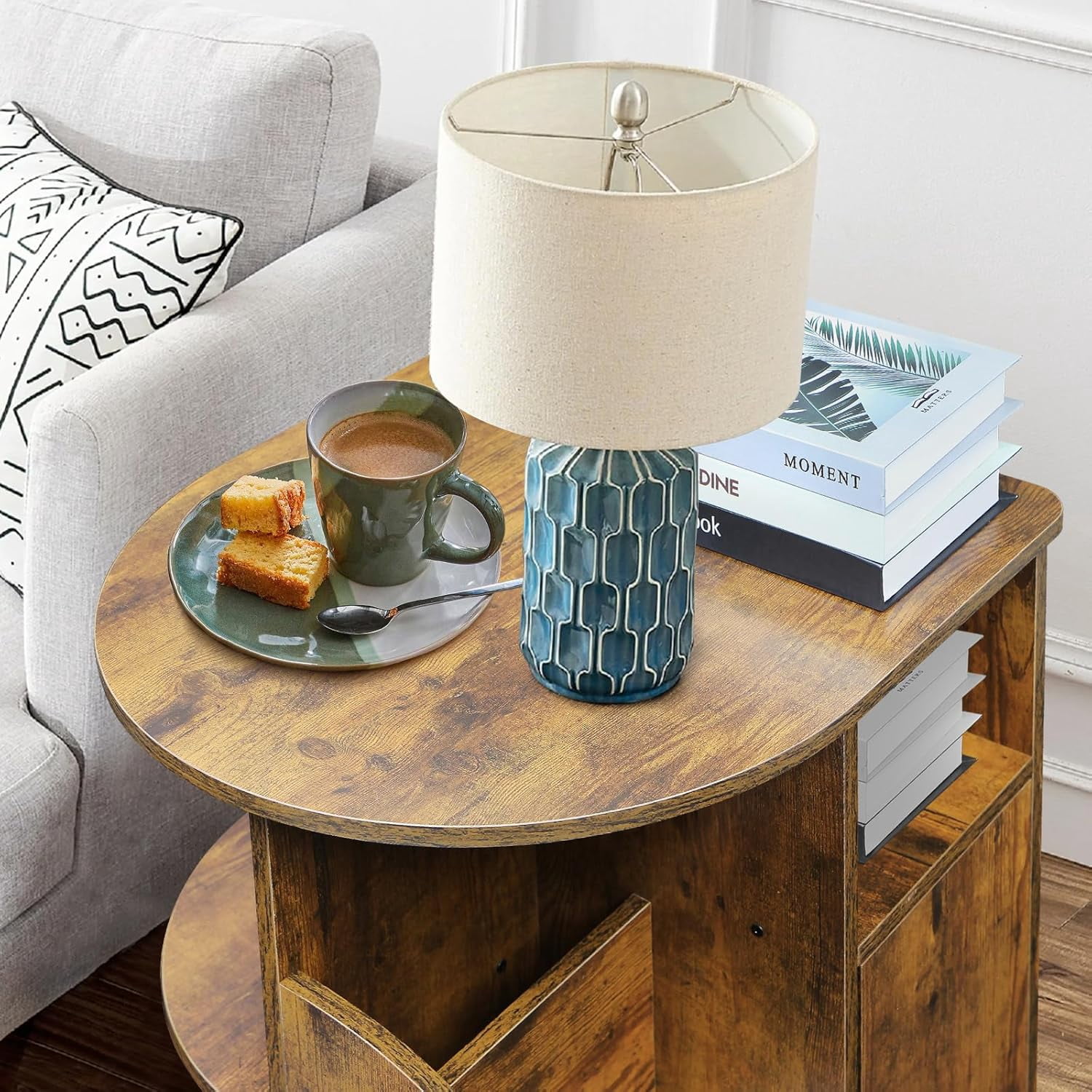 TooCust Rotating End Table with Storage, Rotating Side Table Living Room, Side Table with Magazine Holder, Basket and Cabinet, Sofa Side Farmhouse End Tables with Open Shelf (Rustic Brown)