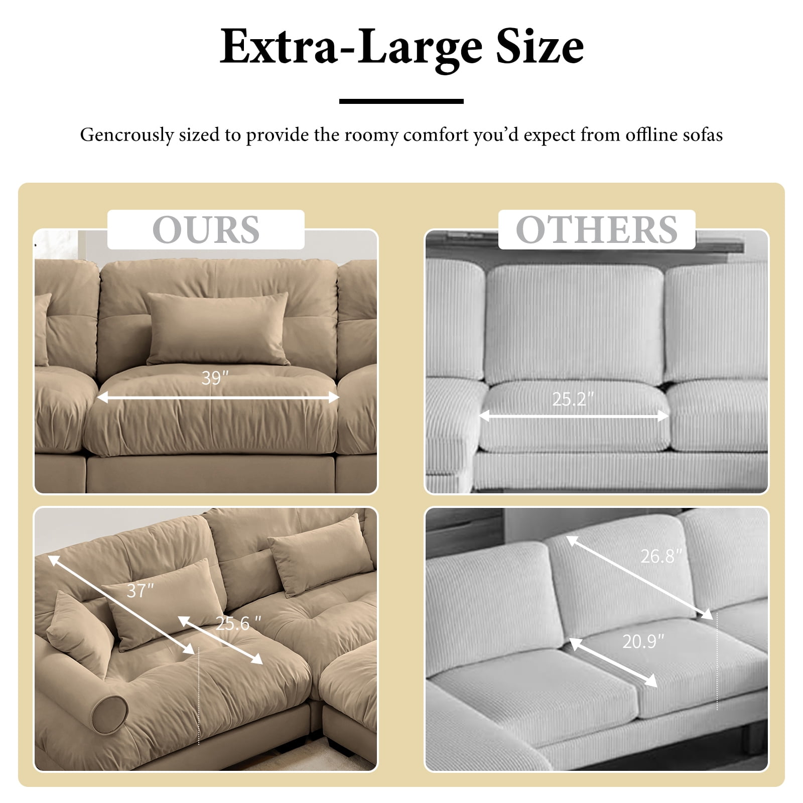 130"Oversized Couch, 3 Seater Modular Sectional Sofa, Camel Large L Shaped Sectional Couches for Living Room, Fluffy Couch Set, 3 Seater, Velvet Cloud Couch with Ottoman, Sofas for Living Room