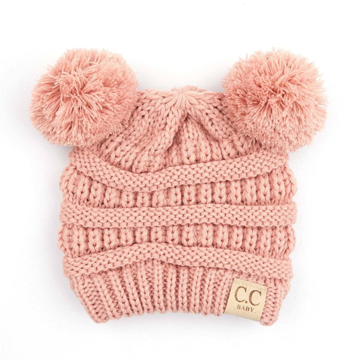 CC Baby Double Pom Cable Knit Yarn Pom Newborn to 9 Months Infant Beanie Light Grey - Soft, Warm Hats for Babies and Toddlers - Cozy Winter Wear