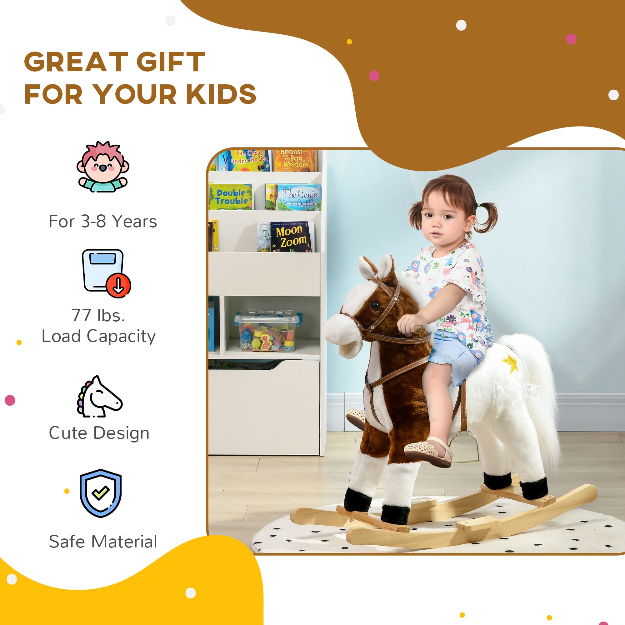 Qaba Rocking Horse with Sound,Ride On Horse with Saddle,Toddler Rocker,Gift for 3-8 Year Old,Brown,Brown Plush Toys Kids Bikes Riding Toys