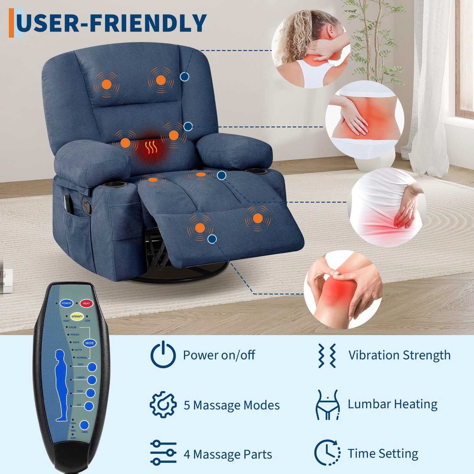 Oversized Power Recliner Chair with 360° Swivel, Rocking, Massage & Heating - Extra Wide Chenille Lounge Sofa with Remote, Cup Holders, Side Pockets, USB Port - Living Room, Bedroom