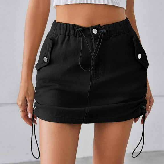 Homenesgenics Skirt for Women Plus Size Women's Denim Workwear Pocket Skirt Casual Drawstring Elastic Waist Short Skirt Black M