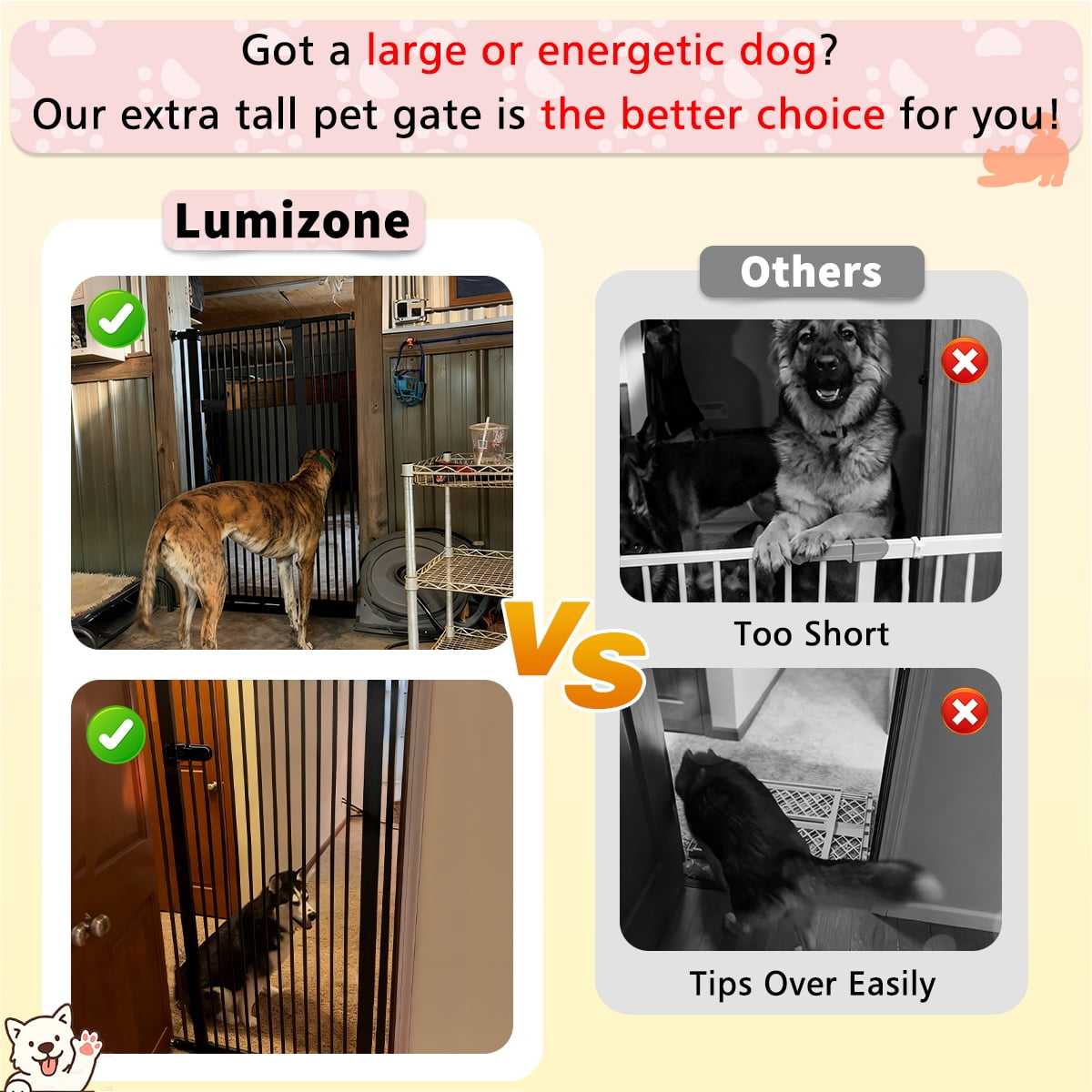 Lumizone Extra Tall Cat Gate 61.02" High Pressure Mounted White 34.25"-38.38" Extra Wide 2025 New (10 Sizes) 1.37" Gap No Drilling Auto-Close One-Handed Operation Tall Pet Gate for Dogs