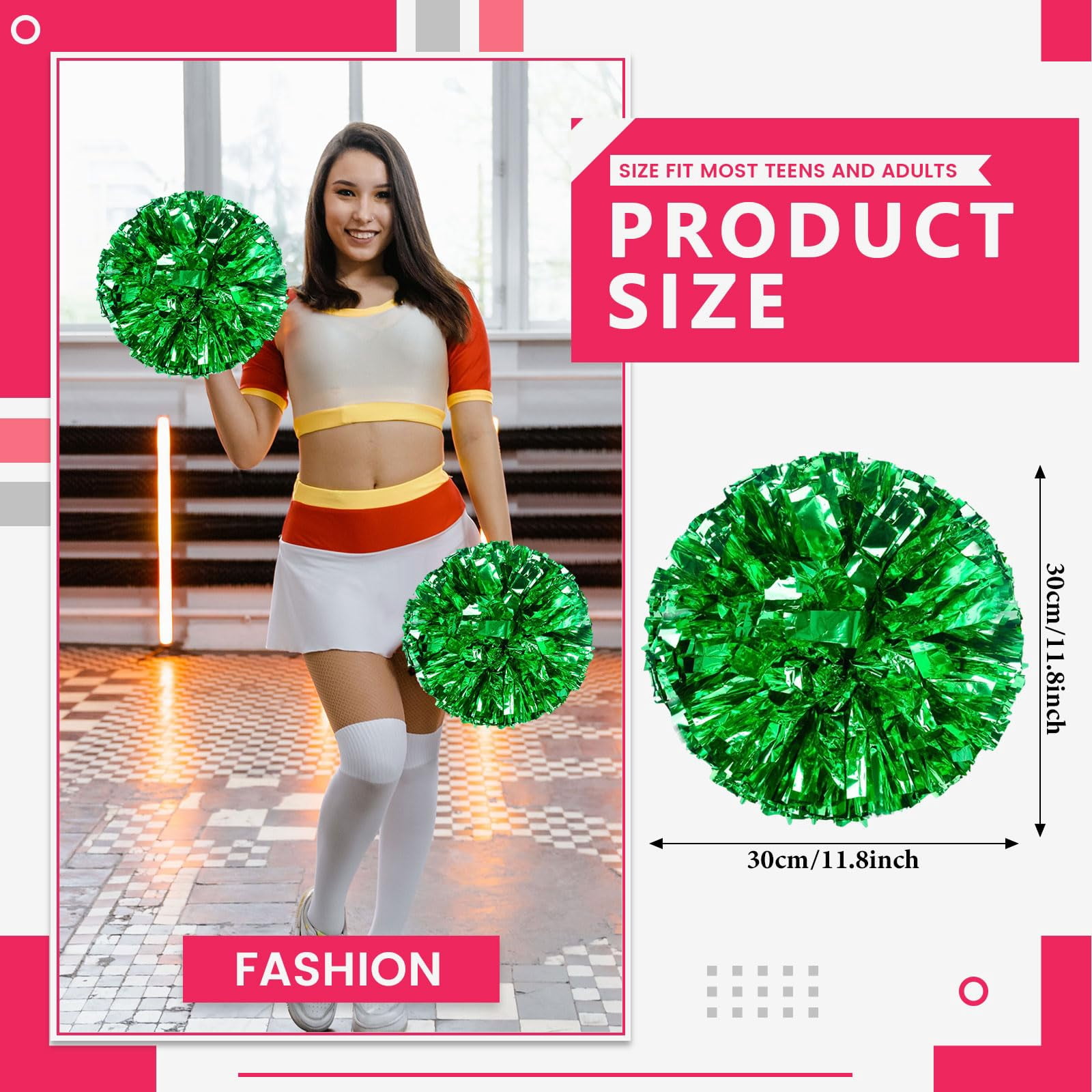 Cheerleading Pom Poms 18 Pcs with Straight Handle, Handheld Squad Pompoms for Sports Team Cheer Spirit Games, Dance Party Adults