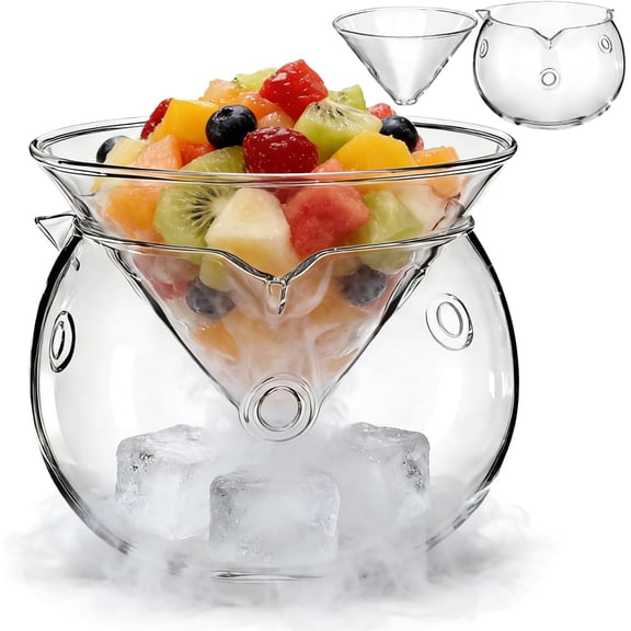 ABCISI Glass Salad Bowl with Dry Ice Container, Chilled Serving Transparent Bowl for Salads Appetizers Snacks Fruits Vegetables and More, Ideal for Bar and Party Decorative Ice Preservation Cocktail