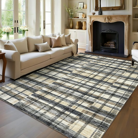 FairOnly 8'x10'Modern Plaid Area Rug for Living Room Modern Irregular Non Slip Soft Geometric Washable Rug for Kitchen Bedroom Bathroom,Blue Beige