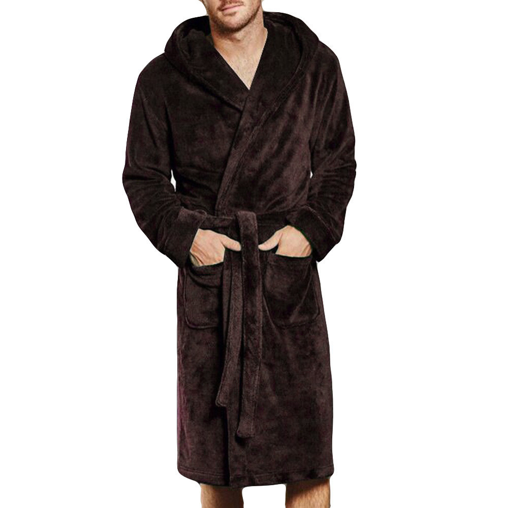 YIMANIE Mens Flannel Robe Hooded Plush Shawl Kimono Bathrobe Sleepwear