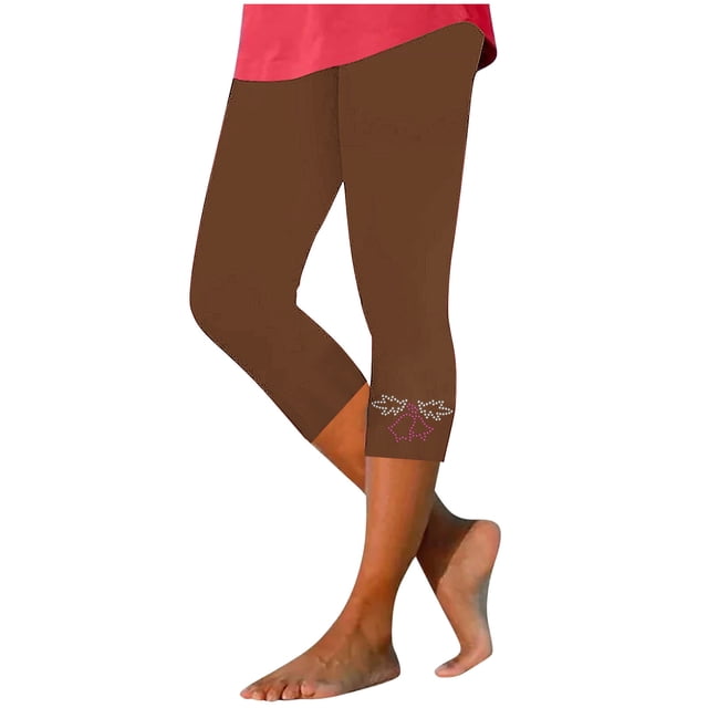 Olyvenn Womens Rhinestone Trim Capri Pants Stretchy Compression Leggings Print Pattern Yoga Pants Summer Vacation Outfits Brown M