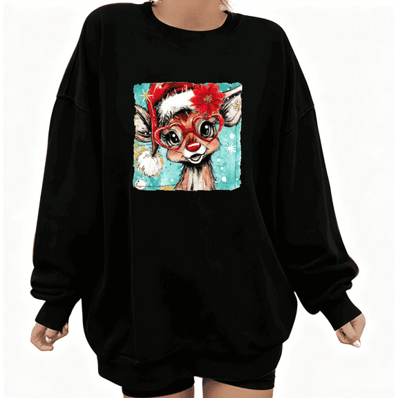 Christmas Reindeer Red Nose Graphic Tee T-Shirt Top Print Commuting Round-neck long-sleeved Black S-3XL