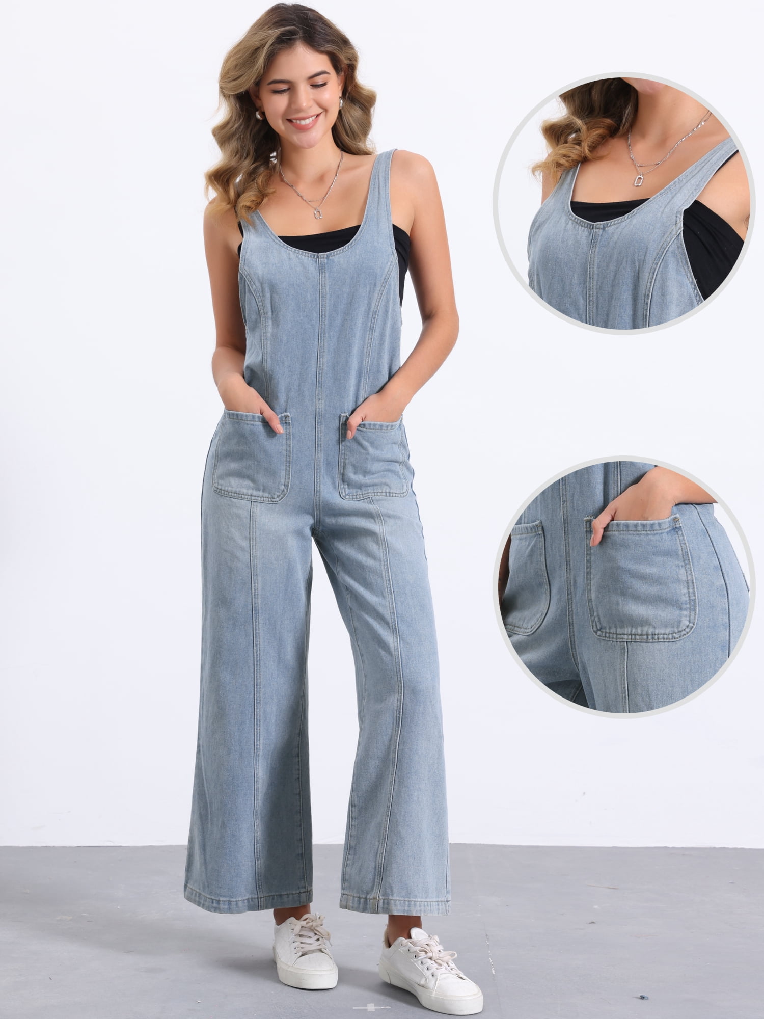 DARING DIVA Women's Baggy Wide Leg Denim Bib Overalls with Pockets L Light Blue