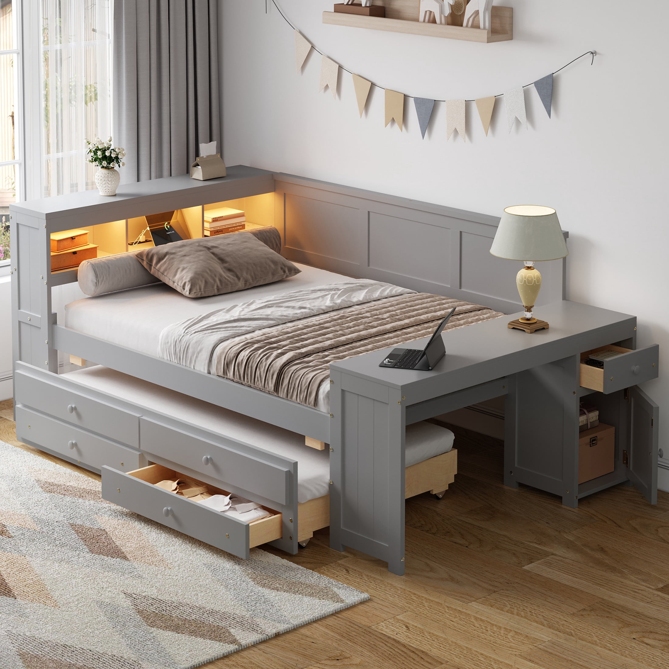 Noble House Maud Full Daybed with Trundle, Storage Shelves, Drawers, Charging Station, LED Light, Built-in Desk, Gray