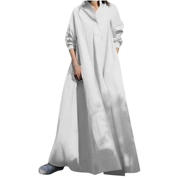 Cotton Maxi Dress for Women Clearance Solid Retro Boho Clothing Beach Long Sleeve Button Tiered Ruffle Swing Vacation Summer Round Neck Sundress White