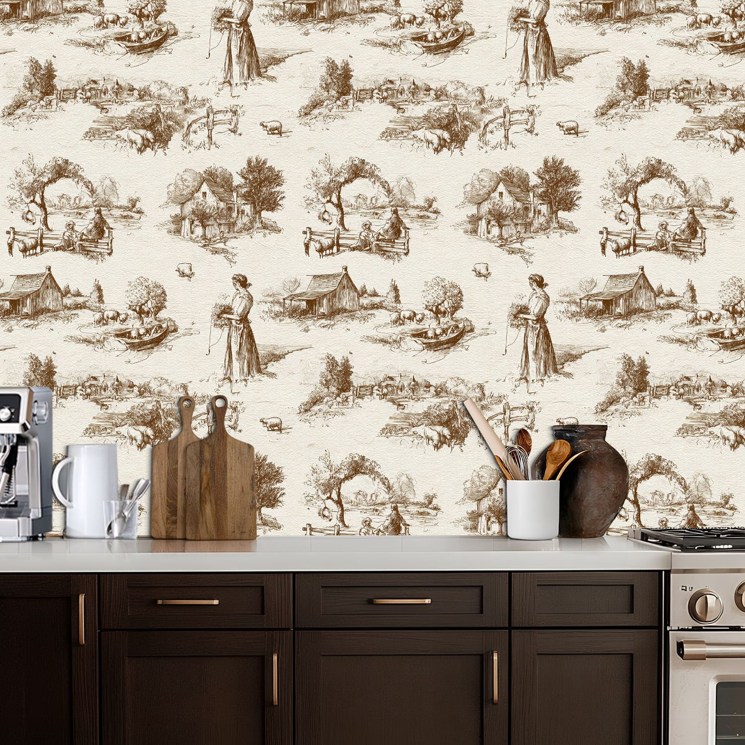 Peel and Stick Wallpaper Pastoral Countryside Toile Farmhouses Sheep River Wall Mural 17.7in x 9.8ft Self Adhesive Removable Wall Paper Renter Friendly Wallpaper for Nursery Bedroom Cabinets