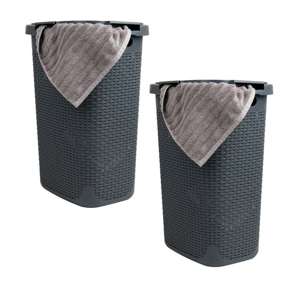 Mind Reader 60L Slim Laundry Hamper, Clothes Basket, Lid, Wicker Style, Plastic, 17.65"L x 13.75"W x 24.15"H, Set of 2, Gray
