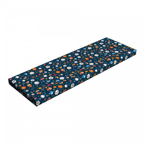 Sport Bench Pad, Many Basketball Baseball and Football Champ Gloves Dark Background, HR Foam Cushion with Decorative Fabric Cover, 45" x 15" x 2", Dark Blue Multicolor, by Ambesonne