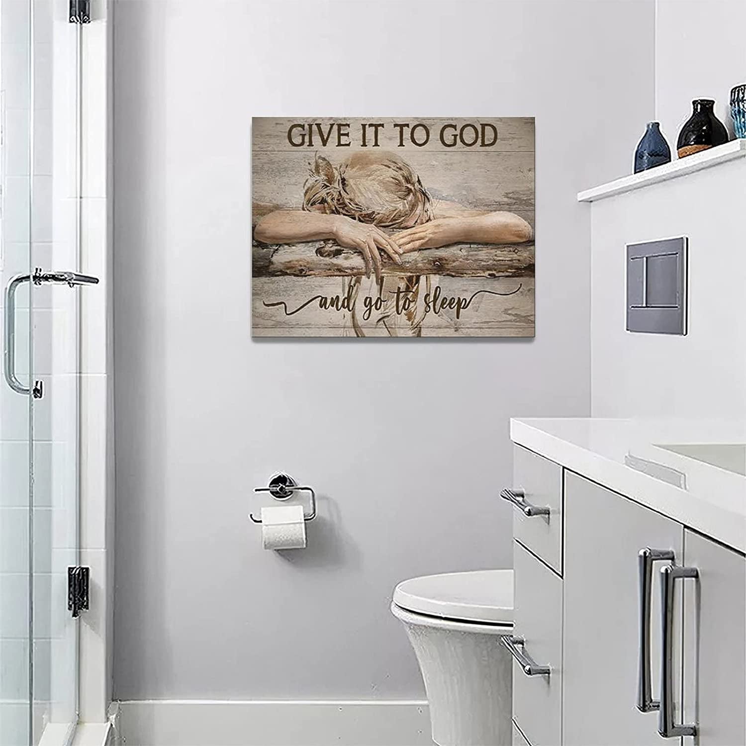 Bedroom Wall Art Give It To God and Go To Sleep Girl Bedroom Pictures Wall Decor Christian Bedroom Painting Canvas Inspirational Scripture Quotes Prints Modern Artwork Framed Home Decor 16"x12"