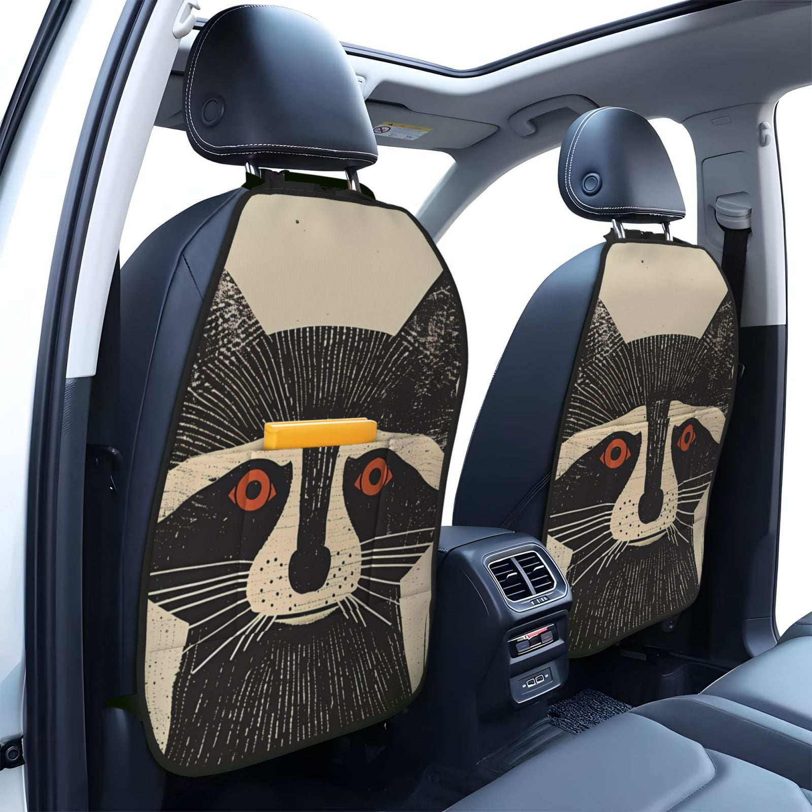 Xecao Retro Raccoon Graphic Print Pattern Car Seat Back Protector 2 Pack Large Capacity Pocket, Kick Mats Back Seat Protector