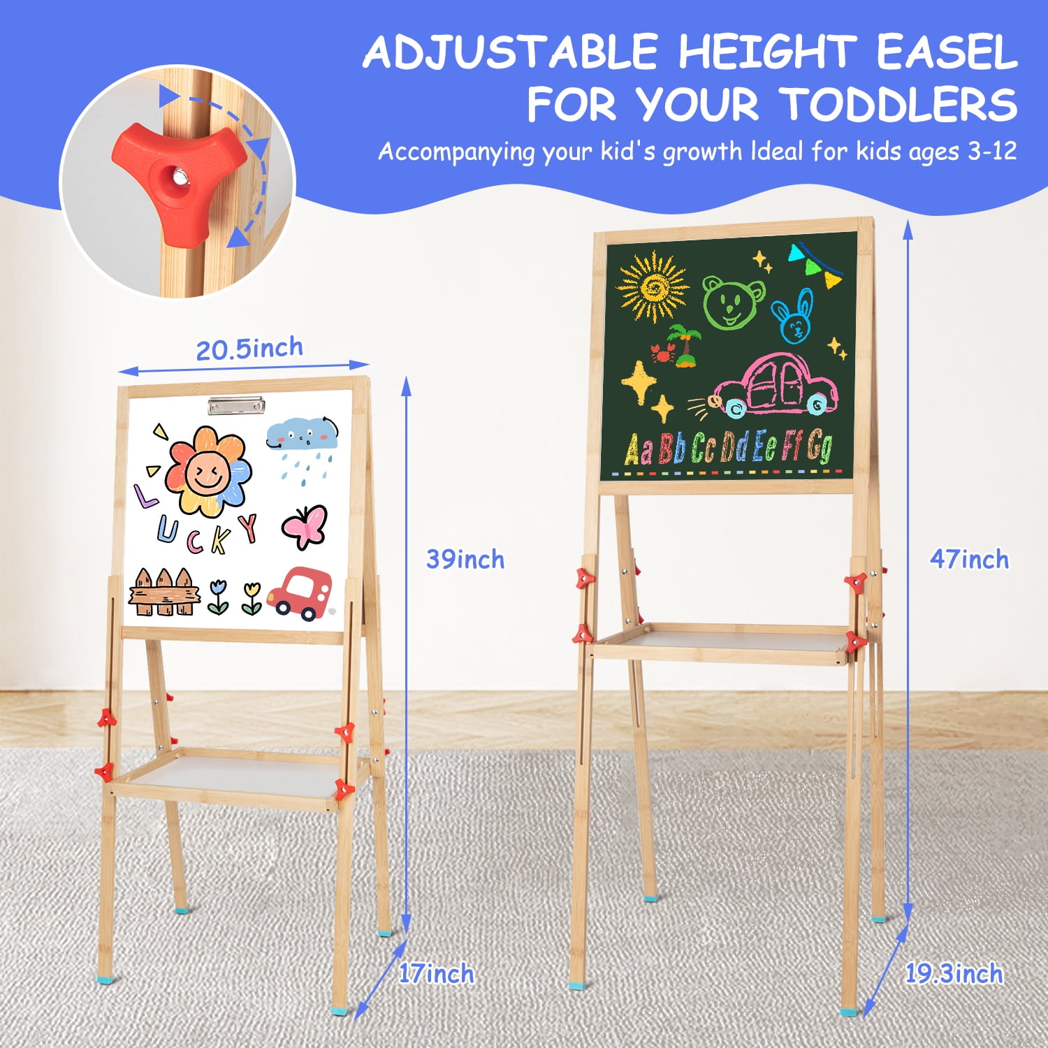 Xueyu 39" - 47.43" Adjustable Bamboo Children's Art Easel with Whiteboard, Chalkboard, Accessories and Tray