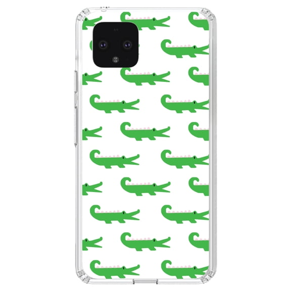 DistinctInk Clear Shockproof Hybrid Case for Google Pixel 4 XL (6.3" Screen) - TPU Bumper, Acrylic Back, Tempered Glass Screen Protector - Green White Alligators - Cartoon Alligators