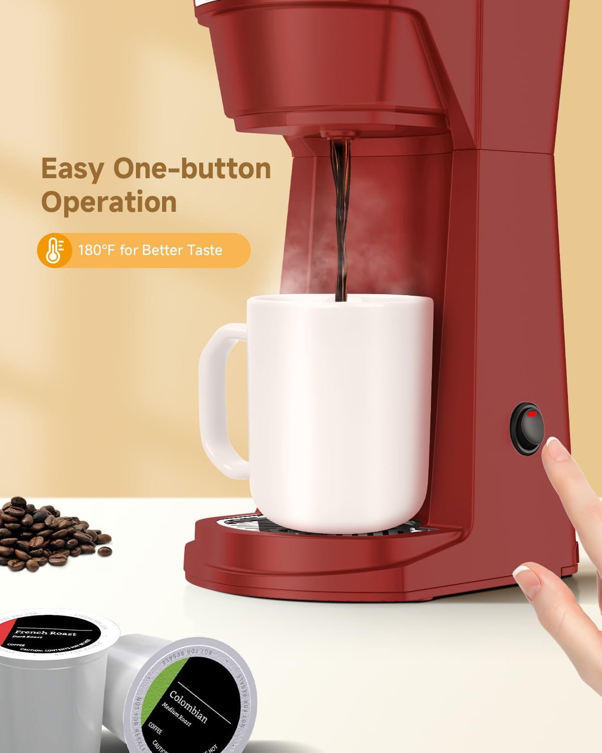 Single Serve Coffee Maker for K Cup Pod & Ground Coffee 2 in 1, K Cup Coffee Machine 14 oz Brew Size, Mini Single Cup Coffee Pod Fast Brew, Reusable Filter, Red
